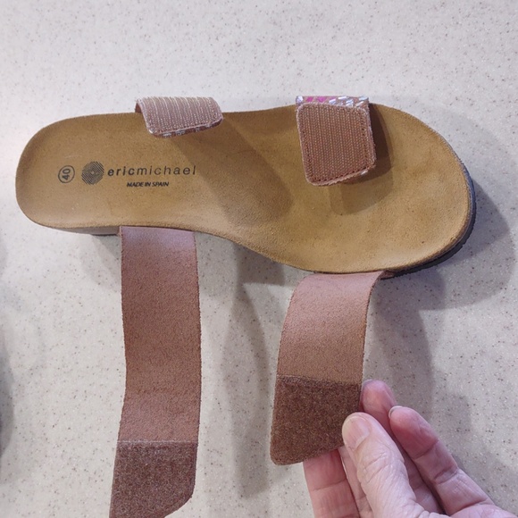 Eric Michael Liat Tan Mosaic Leather Wedge Dual Strap Slide Sandal Size 40/9 EUC - Picture 8 of 10